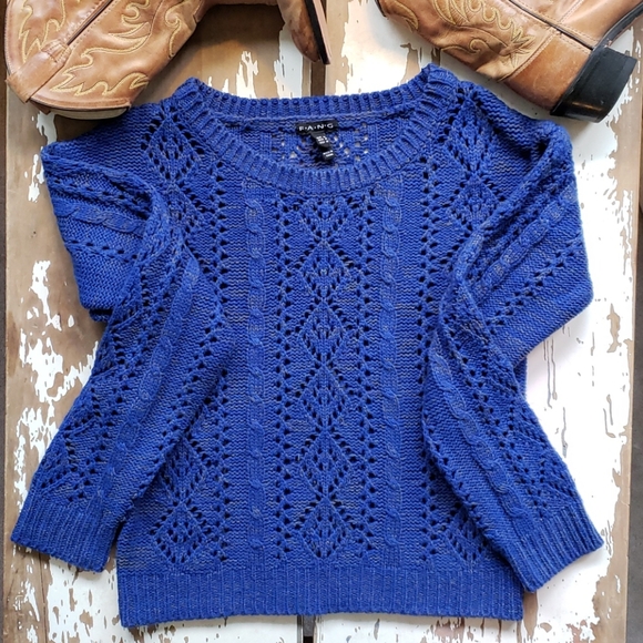 FANG Sweaters - Heathered Blue Cutout Semi-Crop Cable Knit Sweater